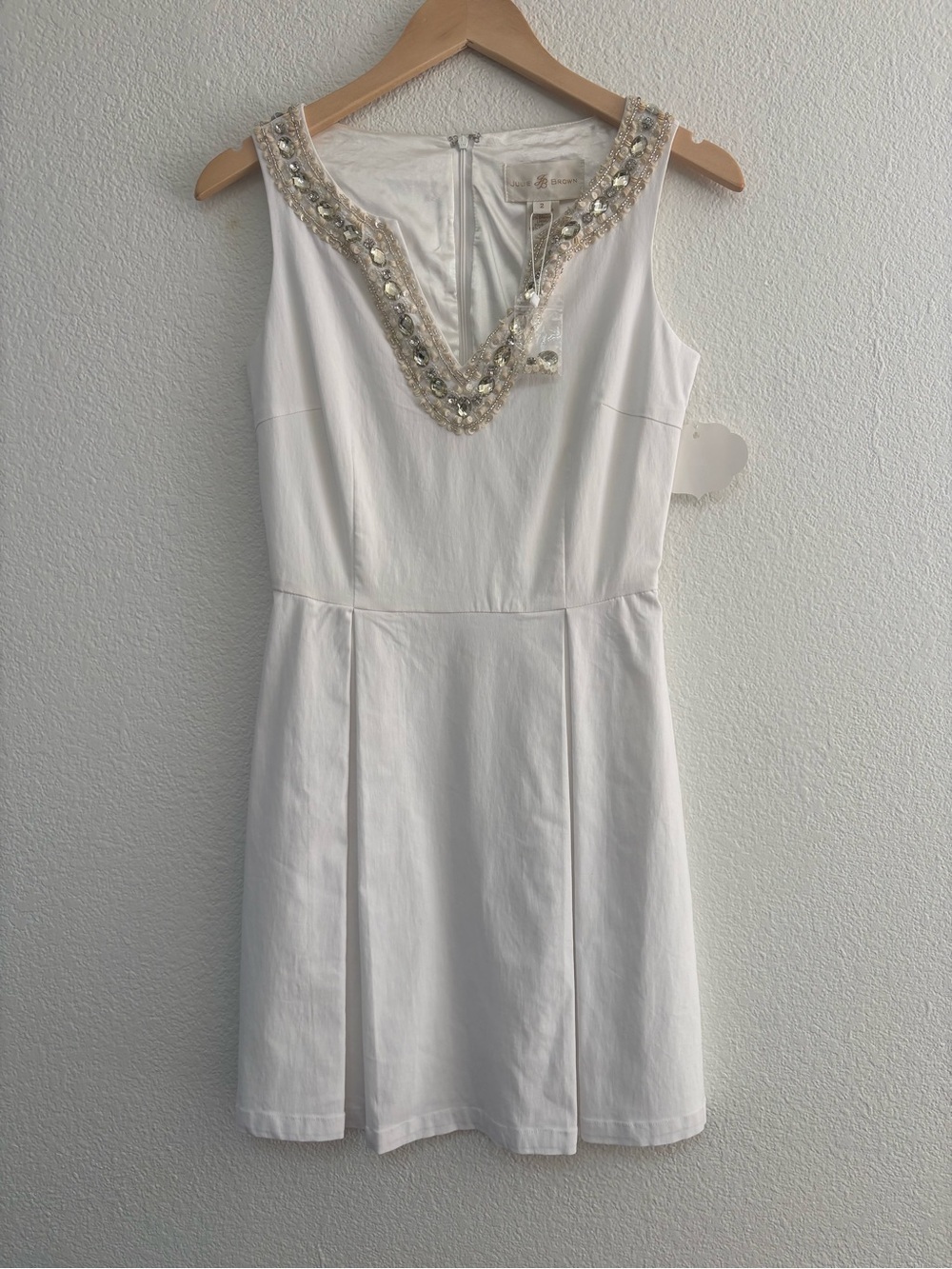 JB by Julie Brown White Sleeveless Mini Dress with Beaded V-Neck